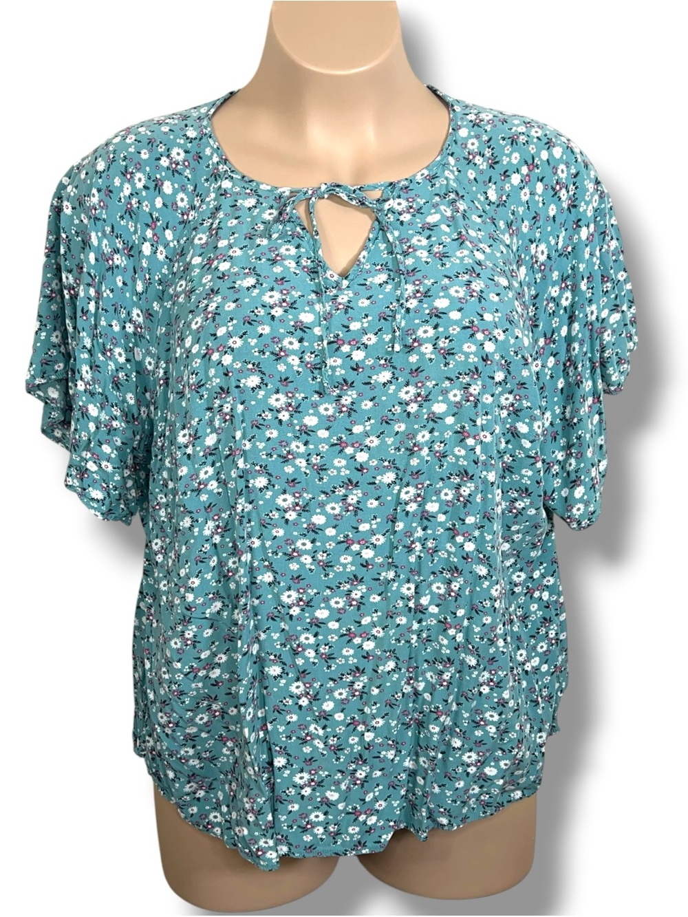 Size 26 Bloomchic Teal Blue Floral Blouse Top Short Sleeve Plus Rayon